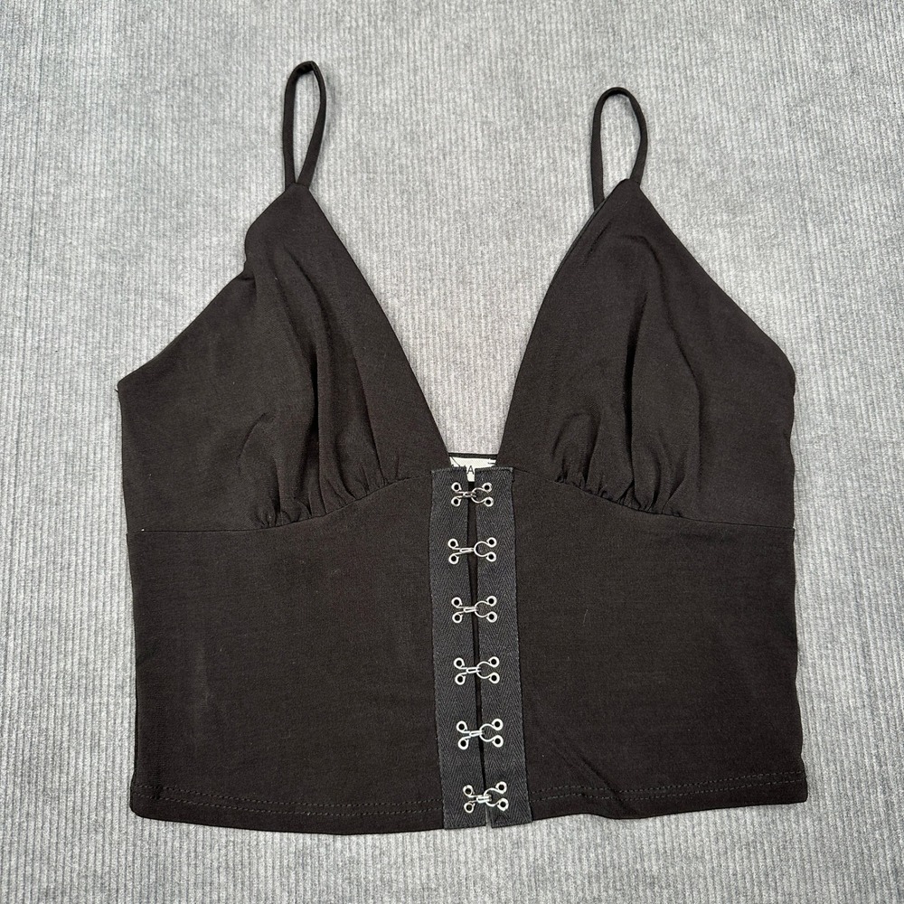 Papaya Black Hook and Eye Front Crop Top V-Neck Spaghetti Strap Small Y2k